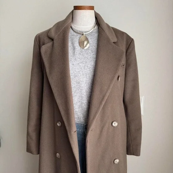Vintage 90s 100% Wool Over Coat Taupe Tane - Picture 8 of 8